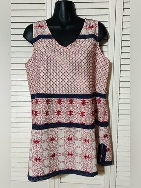 John Mark Cream w/Red embroidered Pattern and Navy Trim sleeveless tank blouse
